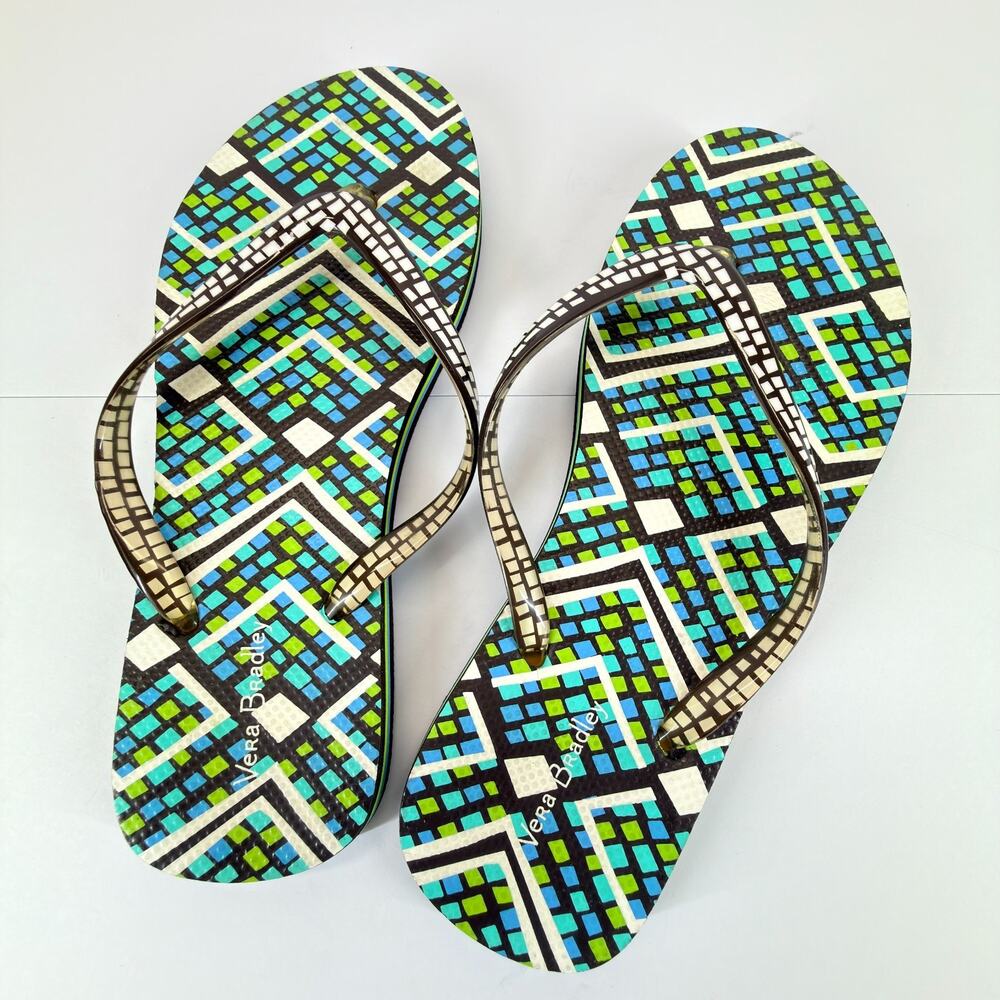 Vera Bradley Flip Flops Women Size 7/8 Geometric Blue Green Pattern Summer Beach - Picture 2 of 8